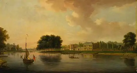 Peinture d'Orléans House, Twickenham par l'artiste britannique Joseph Nickolls (1689–1789), vers 1750, au Yale Center for British Art.