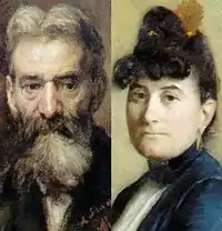 2 portraits, d’un homme barbu à gauche et d'une femme avec chignon à droite.