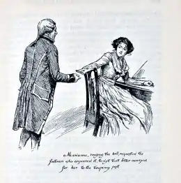 Dessin, femme assise à un bureau tournée la main tendue vers un jeune homme en retrait vu de dos.