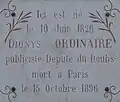 Plaque sur la maison natale de Dionys Ordinaire.