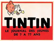 Logo en couleur avec les visages de Tintin et Milou et des inscriptions noires sur fond rouge.