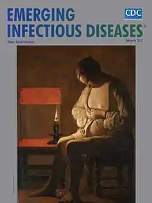  couverture de la revue américaine consacrée aux maladies infectieuses émergentes, chaque mois la couverture présente une peinture en rapport avec le thème principal du mois, ici la Femme à la puce de Georges de La Tour