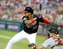 Photographie de côté de deux joueurs de baseball en match, l’un à la batte, l’autre en tant que receveur.