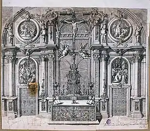 Retablo de la Santa Forma en la Sacristía del Monasterio de El Escorial (1764, ill. de la Descripción del Real Monasterio de San Lorenzo del Escorial de Francisco de los Santos, 1764).