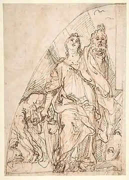 Judith brandissant la tête d'Holopherne, encre et sanguine, New York, Metropolitan Museum of Art.