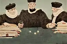 Dessin de Jules-Arsène Garnier qui représente trois juges observant le résultat d'un lancé de dés.