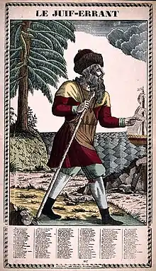 Photographie en couleurs d'une gravure ancienne présentant un personnage coiffé, barbu et vêtu de rouge, marchant en s'appuyant sur son bâton.