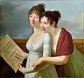 Portrait peint de deux femmes regardant une partition de musique.