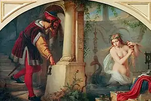 Peinture représentant une femme dont la moitié basse de son corps possède une forme de poisson, se baignant nue et est surprise par un homme.