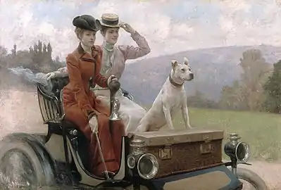 Les Dames Goldsmith au bois de Boulogne en 1897 sur une voiturette (1901), Compiègne, Musée national de la Voiture et du Tourisme.