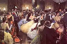 Peinture d'un grand salon illuminé avec couples en tenues de soirée discutant ou dansant.