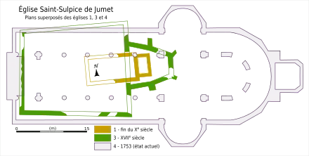 Plan au sol des églises du dixième, du douzième et de l'église actuelle depuis 1753.