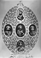 Nawabs de Junâgadh et fonctionnaires de l'État, XIXe siècle. En haut : Mohammad Mahabat Khanji II, au centre : Mohammad Bahadur Khanji III, en bas : Mohammad Rasul Khanji, à gauche : personnage non identifié et à droite : le vizir Bahaduddinbhai Hasainbhai