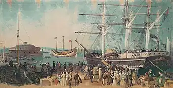 The Bay and Harbor of New York de Samuel Waugh (en) (1814-1885), montrant l'arrivée du Junk Keying dans le port de New York en juillet 1847 (vers 1853-1855)