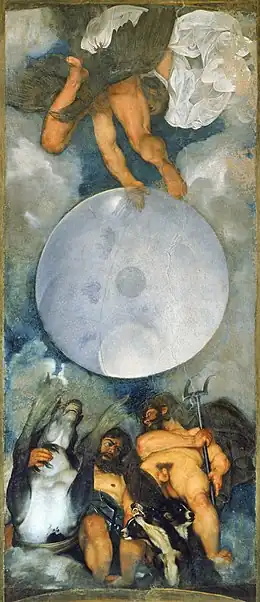 Peinture. Vus du dessous dans un fort effet de raccourci, trois hommes nus entourent un globe cerné de nuages.
