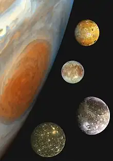 À gauche, on observe une partie de Jupiter et de sa Grande Tache rouge. Les lunes sont juxtaposées à sa droite.