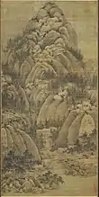 À la recherche de la « voie » [dao] dans la montagne en automne. Encre et couleurs légères sur soie. 156 × 77,5 cm. Attribué à Juran, act. v. 960-980. Musée national du palais, Taipei.