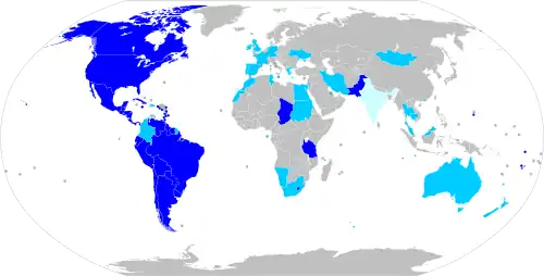 Carte du monde, avec en bleu les pays appliquant le droit du sol.