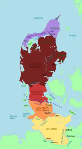 Carte du Danemark continental : le Holstein est au sud, le duché de Schleswig au milieu et la partie danoise au nord.