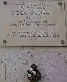 Description de l'image Kósa György zeneszerző emléktáblája XII kerület Maros utca 28.jpg.