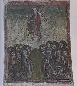 Peinture murale de l'église représentant l'Ascension du Christ devant la Vierge et les apôtres.