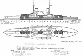 Schematics for this type of battleship; the ships mount five gun turrets, two forward, one in the center between two smoke stacks, and two aft