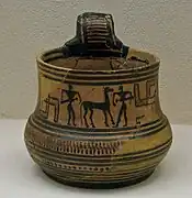 Œnochoé attique représentant deux guerriers et un cheval. Vers 800-775, Musée archéologique du Céramique.