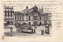 Carte postale ancienne éditée par KF à Paris, représentant la place du Ralliement et le théâtre.