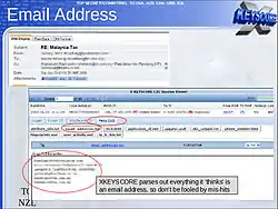 Affichage d'une session de XKeyscore analysant des adresses e-mail.
