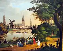 Anonyme, Dégustation de thé sur l'Alster avec une vue sur le Lombardsbrücke surplombant la ville, c. 1830, Hambourg, Hamburgmuseum.