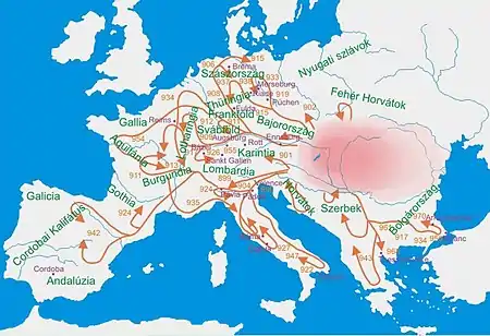 Principales expéditions magyares au Xe siècle en Europe