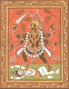 Représentation de Kali dansant sur le corps de Shiva.