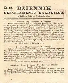 Affiche en polonais annonçant l'occupation de Kalisz par un régiment russe de cosaques de l'Oural, 28 avril 1813.