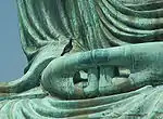 Ses mains formant un mudra de méditation typique du culte d'Amitabha.