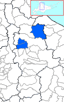 Carte bicolore montrant l'emplacement du district de Kamikawa dans la sous-préfecture de Kamikawa.