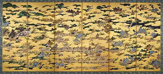 Kanō Eitoku. Vues à l'intérieur et à l'extérieur de la capitale, Kyoto. Paravent à six feuilles. Couleurs et or sur papier honkin, 160,5 x 364,5 cm. 1561-1562. Yonezawa City Uesugi Museum.