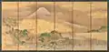 Mont Fuji. 1666. Encre, couleurs et feuilles d'or sur papier, paire de paravents à six feuilles, 166.6 cm x 362.6 cm. AAMSF