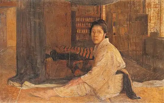 Peinture d'une femme assise derrière un voile