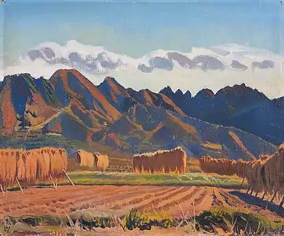 Peinture de paysage d'un champ de riz, le riz récolté et mis à sécher