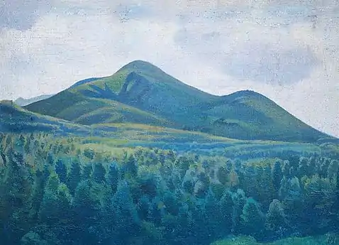 Peinture de paysage de montagnes au loin et de vastes forêts au premier plan