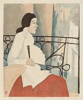 Gravure en couleur d'une femme assise