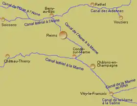 Système de canaux en région Champagne-Ardenne. L'origine du canal de la Marne à la Saône est visible en bas à droite.