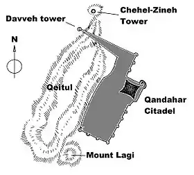Plan des fortifications du Vieux Kandahar avec la citadelle au centre.
