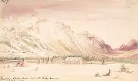 Aquarelle représentant des cabanes et des tipis devant des montagnes