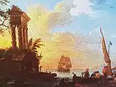 Un port avec ruines et bateau à voiles et personnages.