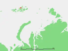 Carte de la terre François-Joseph, en rouge localisation de l'île Jackson, l'île Harley est à l'ouest de celle-ci.