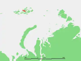 Carte de l'archipel François-Joseph, en rouge localisation de l'île Salisbury, l'île Luigi est au sud-ouest de celle-ci