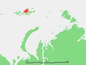 Carte de la terre François-Joseph, en rouge localisation de la Terre de Zichy dont fait partie l'île Greely