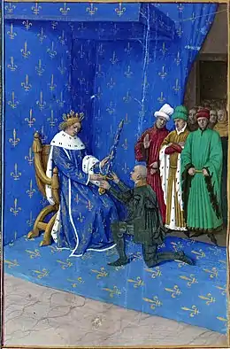 Peinture représentant un homme en noir agenouillé et recevant une épée d'un roi assis sur un trône