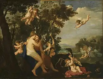 Peinture d'une jeune femme avec un jeune homme dans la nature. De nombreux anges les entourent.